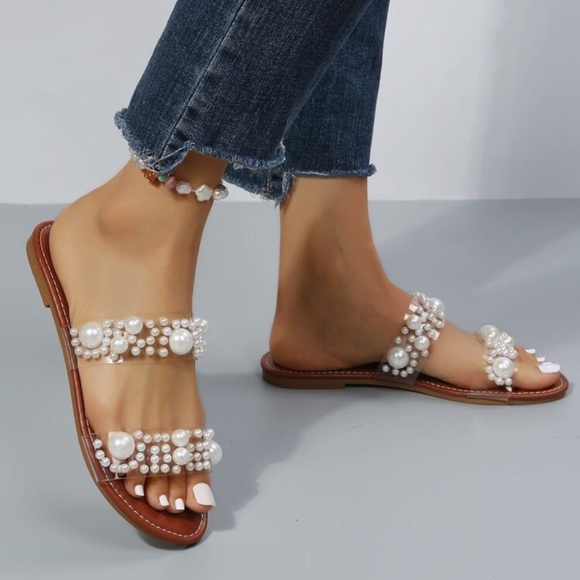 Pearl Embellished Tan Sandals - Picture 2 of 2